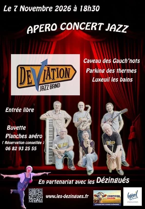 Affiche « Apéro concert jazz » avec le Deviation Jazz Band le 7 novembre 2026 à 18h30 au Caveau des Gauchn'nots, Luxeuil-les-Bains — entrée libre, en partenariat avec les Dézingués